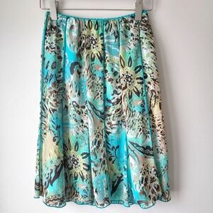 Connected Apparel Y2K Coastal Beachy Chiffon Lined Teal Green Floral Skirt